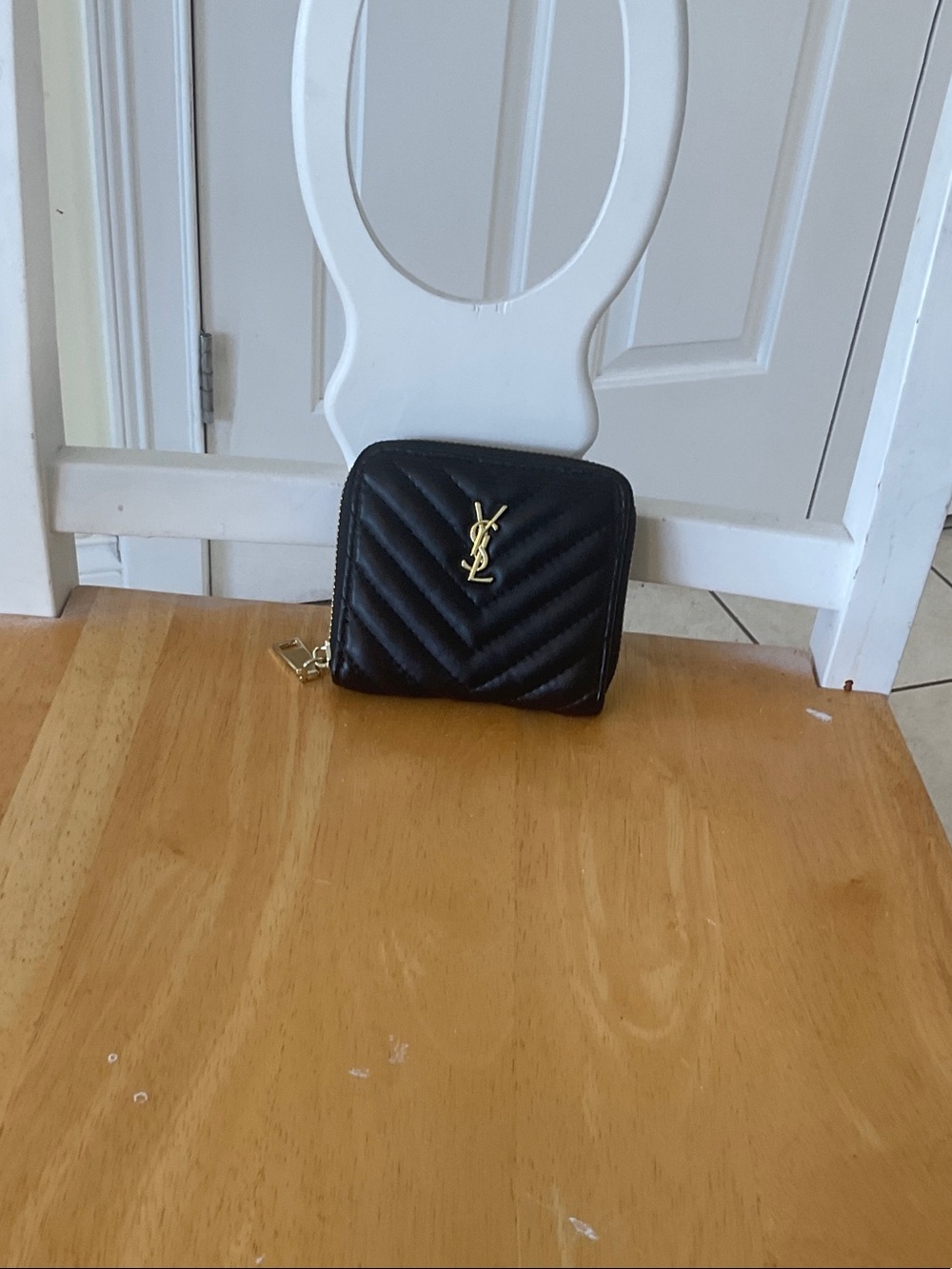 FashionBlack Quilted Leather Compact Zip Wallet with Gold YSL coin wallet